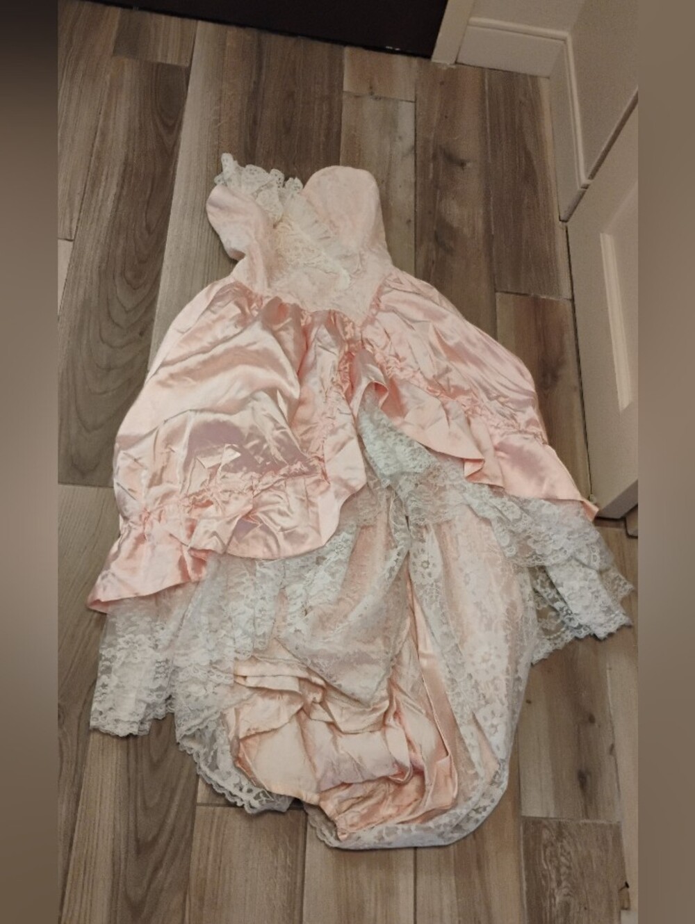 Vintage 1980s Loralie Princesscore White Lace Pink Strapless High Low Dress